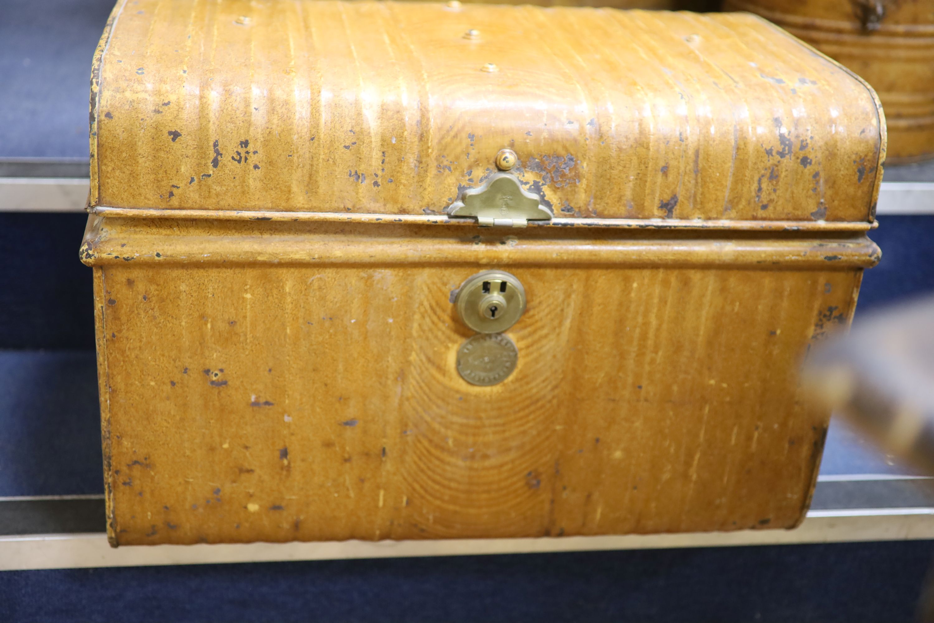 Five Victorian painted tin trunks/hat boxes